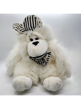 Rare find VTG White fluffy Monkey Black White hat bow tie plush stuffed animal